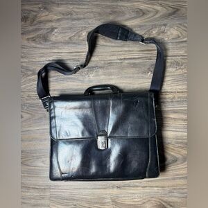 Bosca Black Leather Briefcase Messenger Bag Shoulder Strap Work Business